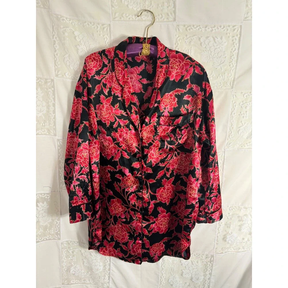 VTG Gold Label Victoria's Secret Black Red Floral Satin Button Up Robe Size L-XL
